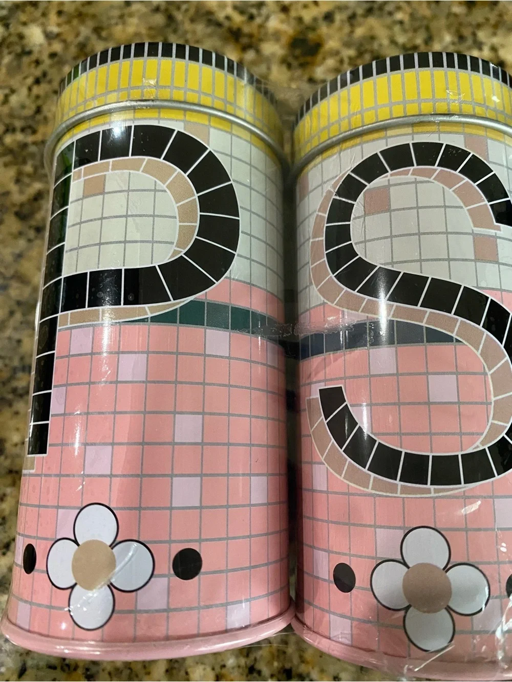 Mosaic Style Tin Pink Black Salt and Pepper Shaker Set Spice Tin 4.5”H x 2” W